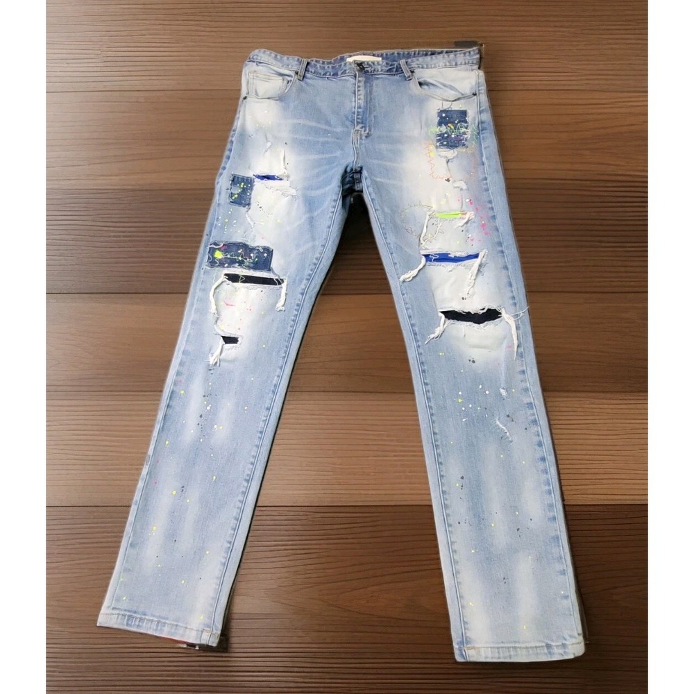 KLOUD9 Men's Skinny Jeans 40x32 Distressed Paint Splatter Patchwork Light Wash‎